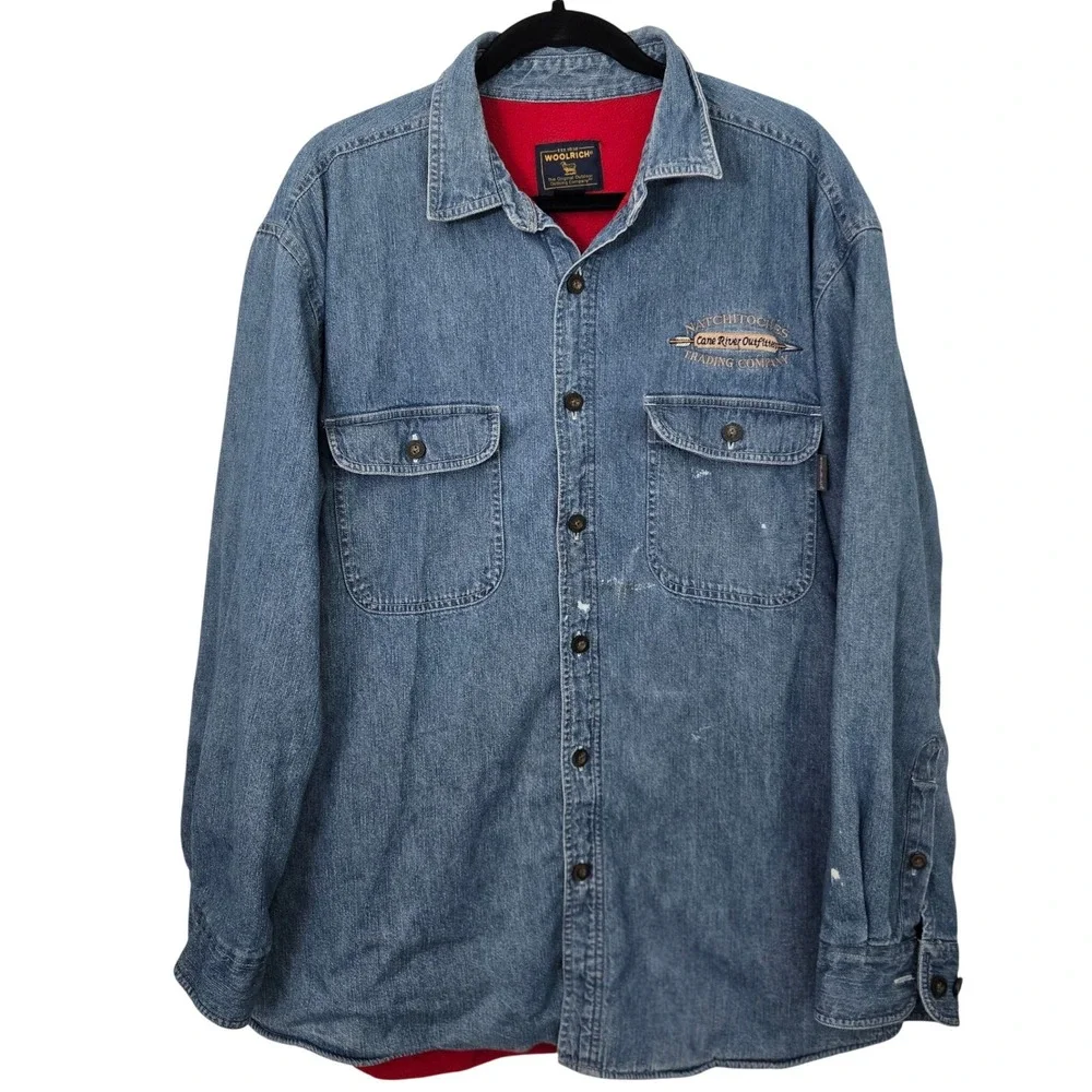Vintage 90s Woolrich Fleece Lined Denim Shirt Large Made in Hong Kong Shacket
